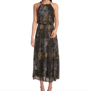 NWT Sleeveless Halter Neckline Metallic Printed Blouson Maxi Dress